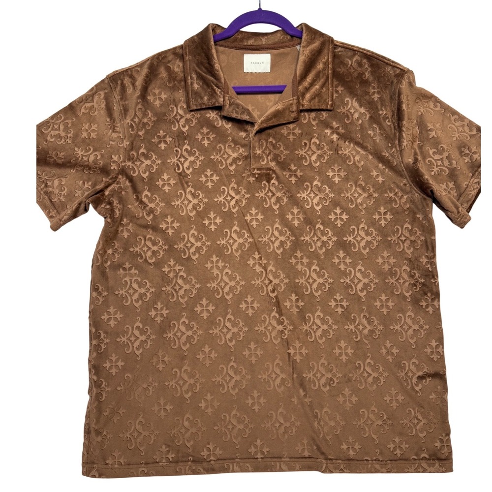 PacSun Polo Shirt Mens Medium Brown Excellent Velour Embossed Damask Streetwear